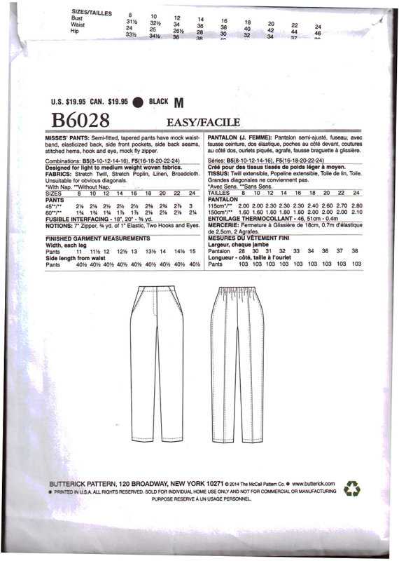 Butterick B6028 katherine tilton pattern-misses pantalon-taille 8-24-bn