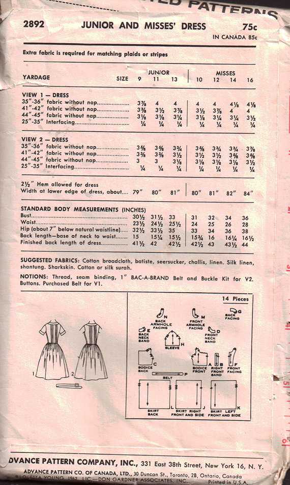 Advance 2892 Dress Size: 16 Used Sewing Pattern