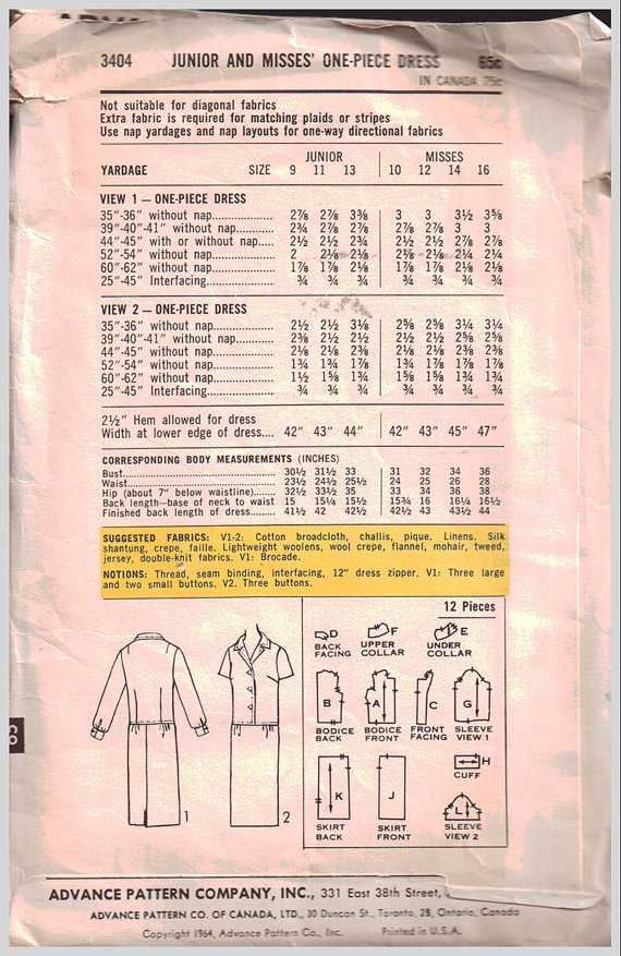 Advance 3404 Dress Size : 14 Used Sewing Pattern