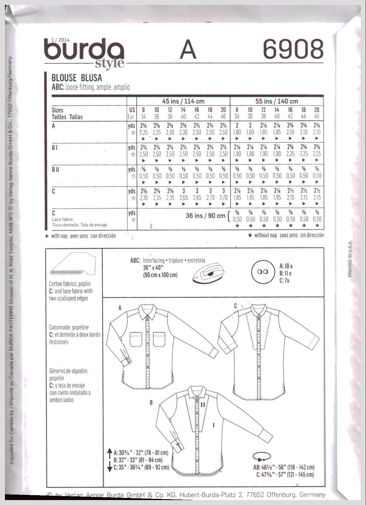 Burda 6908 Shirt Size: 8-10-12-14-16-18-20 Uncut Sewing Pattern
