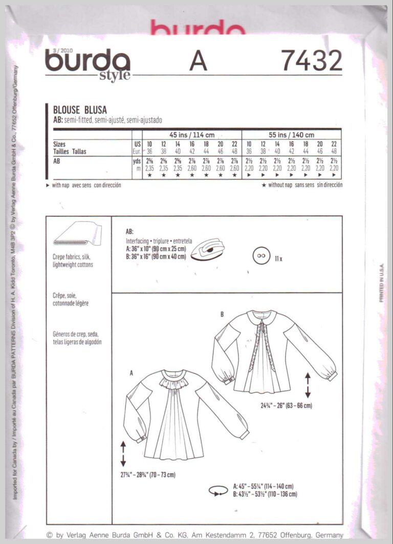 Burda 7432 Blouse Size: 10-12-14-16-18-20-22 Uncut Sewing Pattern