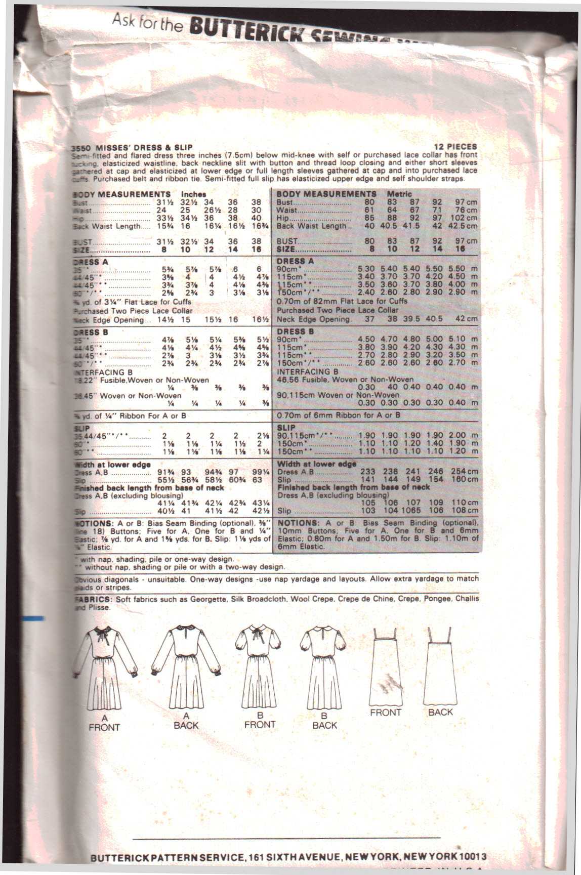 Butterick 3550 Dresses Size: 8 Uncut Sewing Pattern