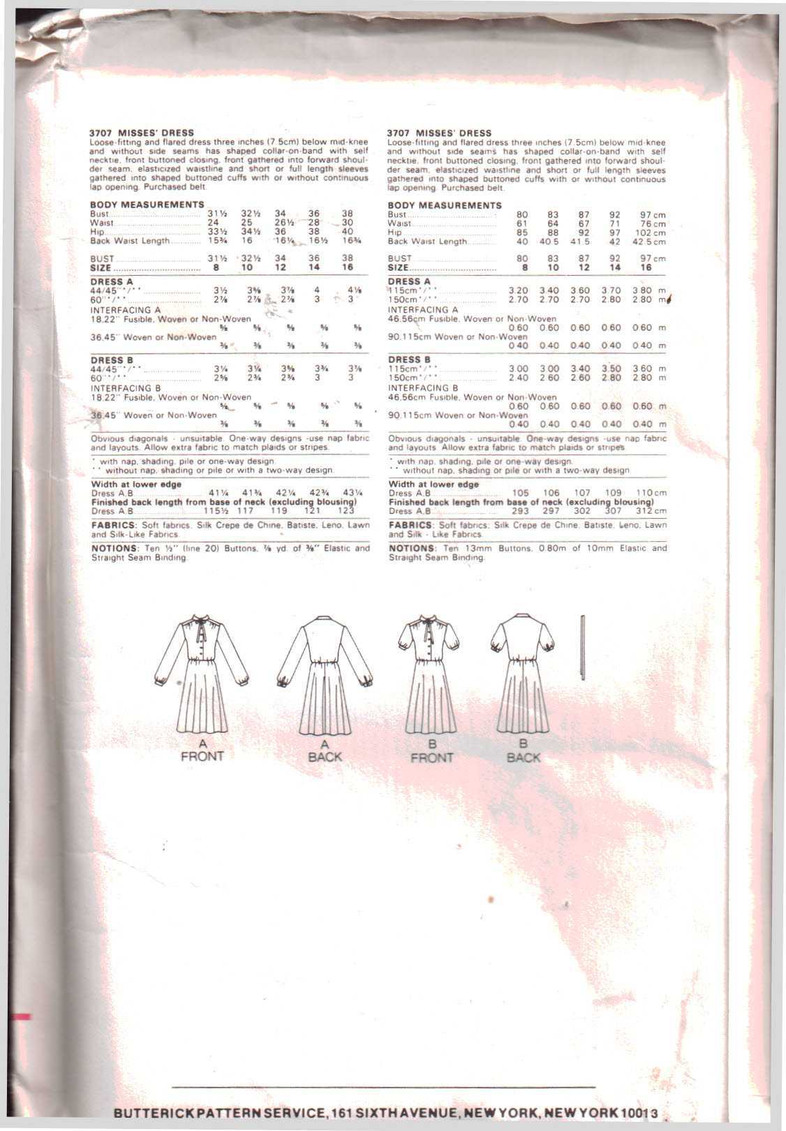 Butterick 3707 Dresses Size: 16 Uncut Sewing Pattern