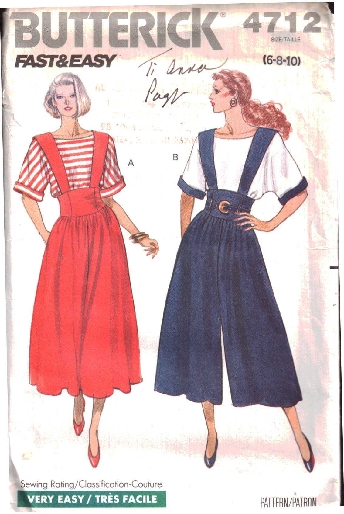Butterick 4712 Tops, Jumper and Jumpsuit Size: 6,8,10 Uncut Sewing Pattern