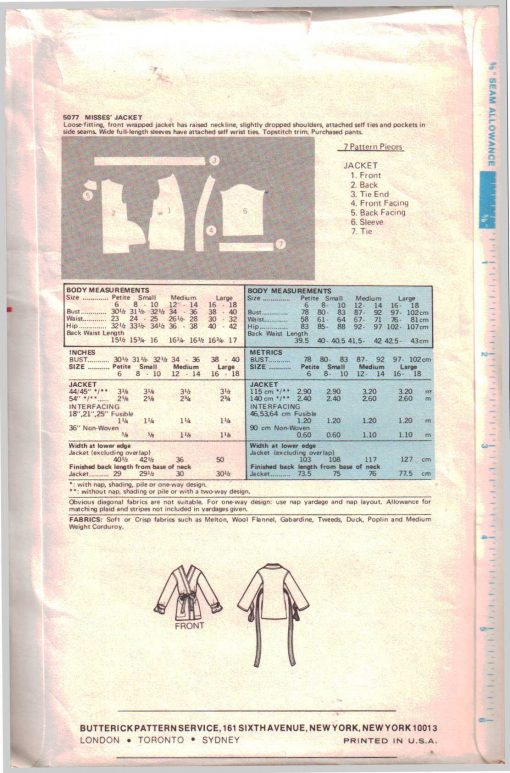 Butterick 5077 Jacket Size: 8-10 Uncut Sewing Pattern