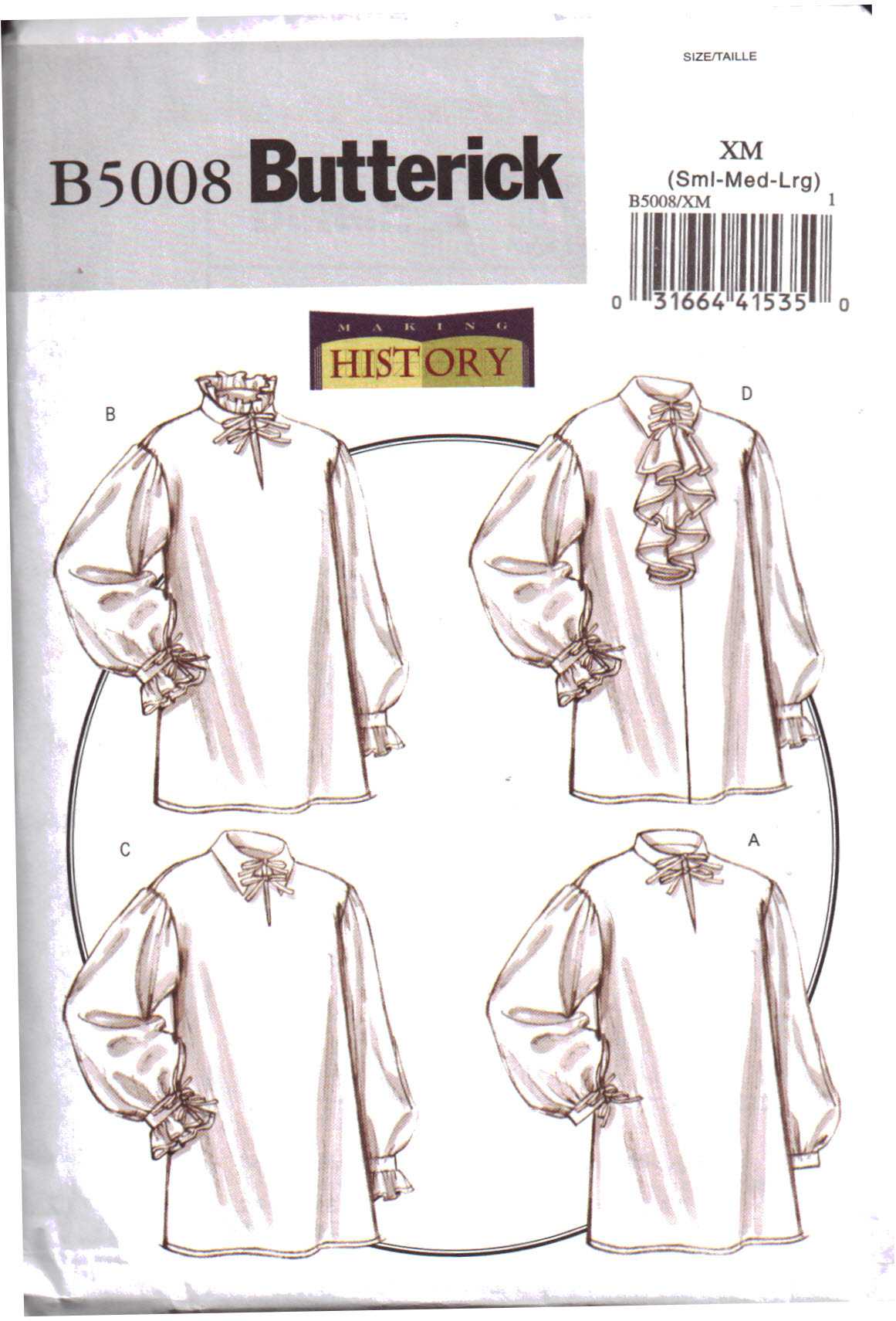 Butterick B5008 Men's Shirt Size: XM 34/36-38/40-42/44 Uncut Sewing Pattern