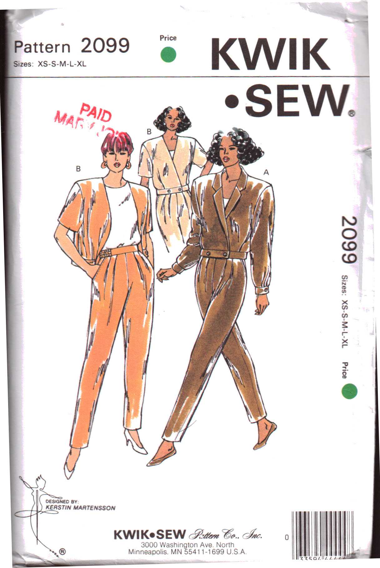 Kwik Sew 2099 Pants, Jacket Size: XS-S-M-L-XL Uncut Sewing Pattern