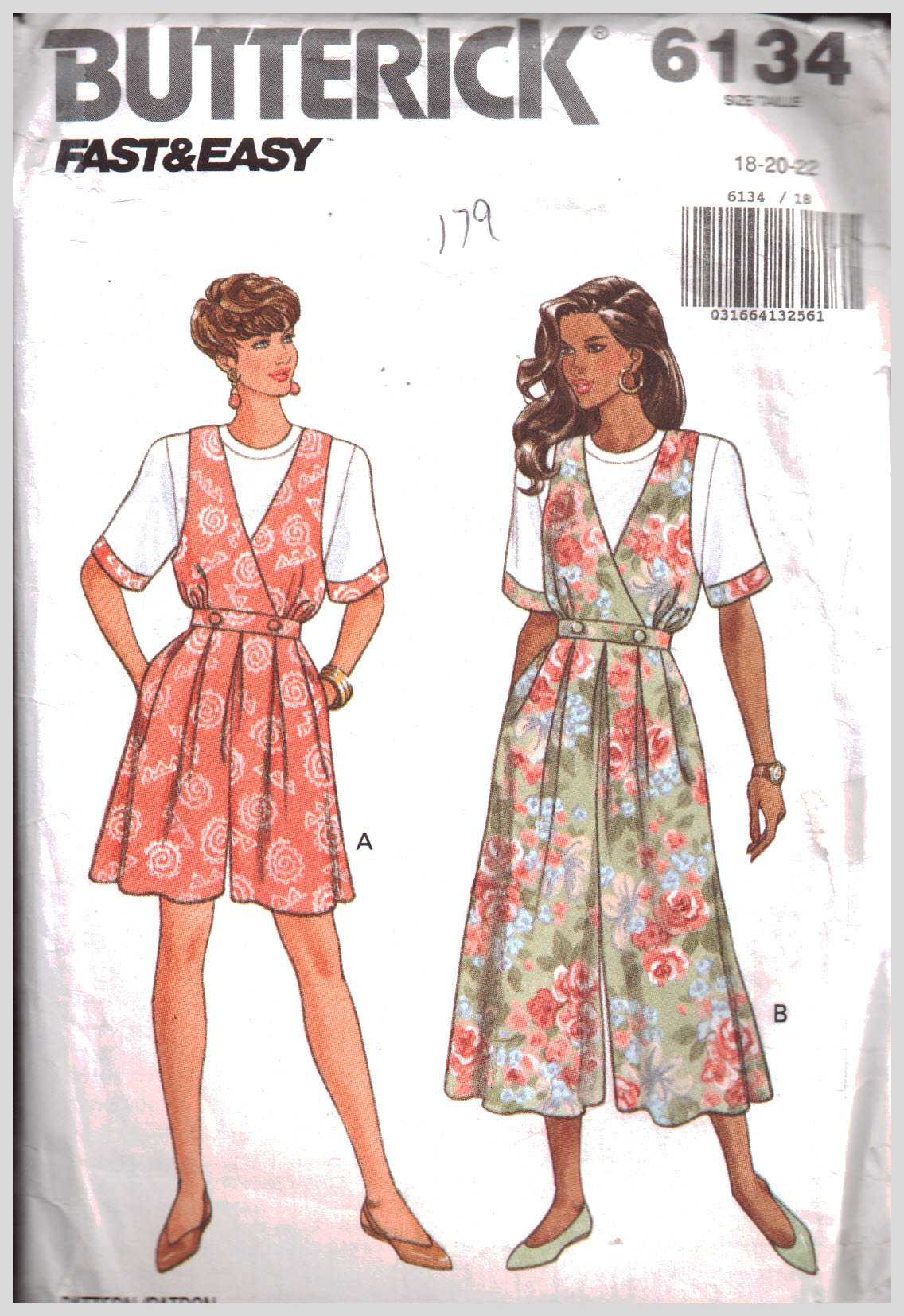 Butterick 6134 Tops, Culotte Dresses Size: 18-20-22 Used Sewing Pattern
