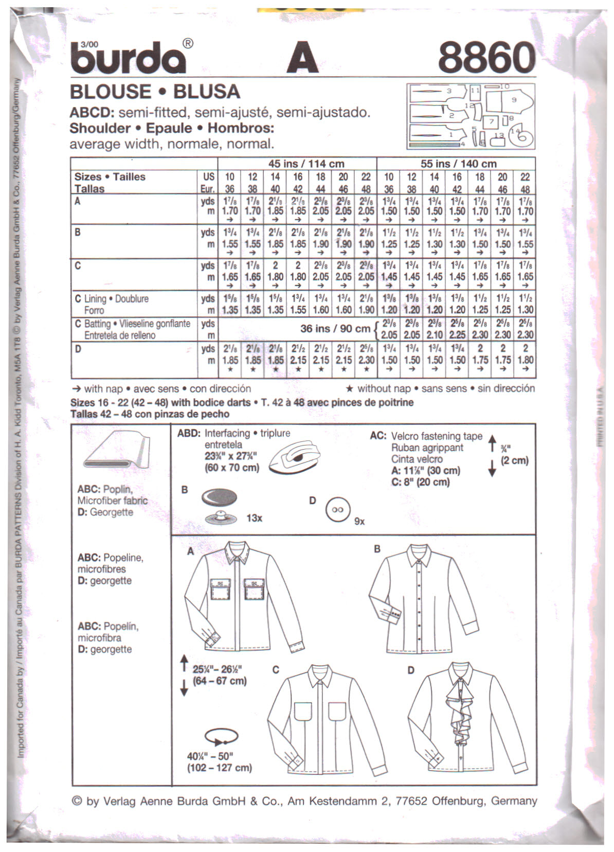 Burda 8860 Blouse Size: 10-22 Uncut Sewing Pattern