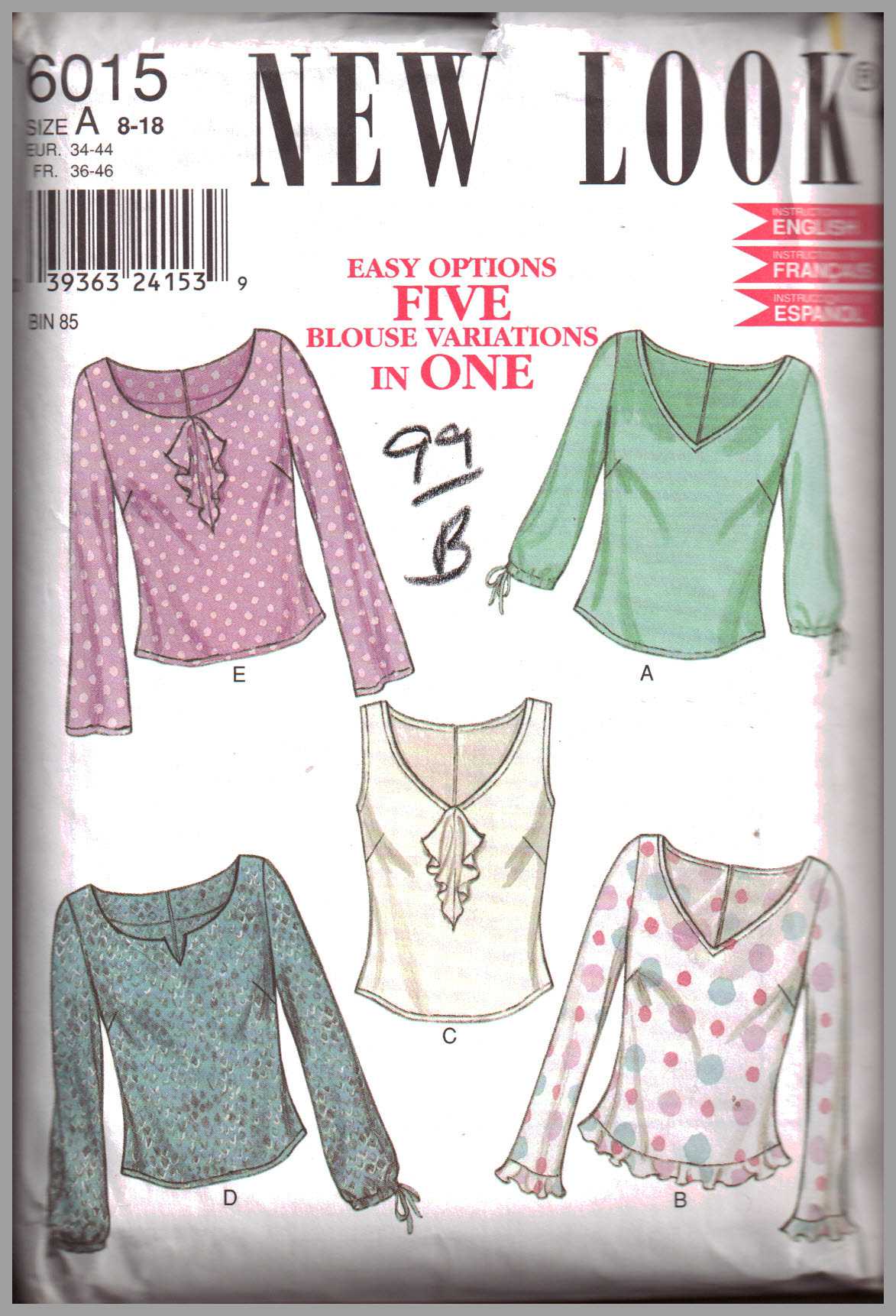 New Look 6015 Blouse Size: A 8-18 Used Sewing Pattern