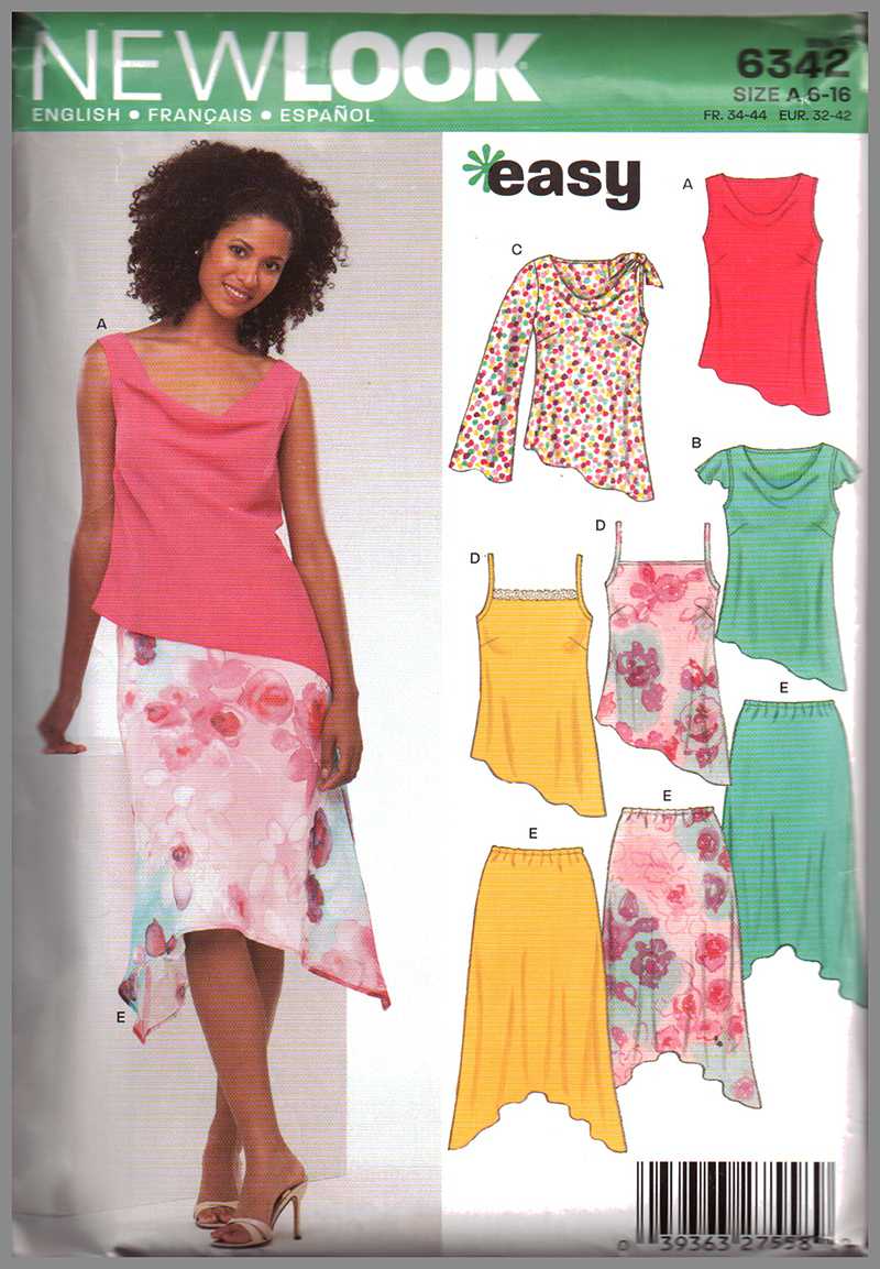 New Look 6342 Tops, Skirts Size: A 6-16 Uncut Sewing Pattern