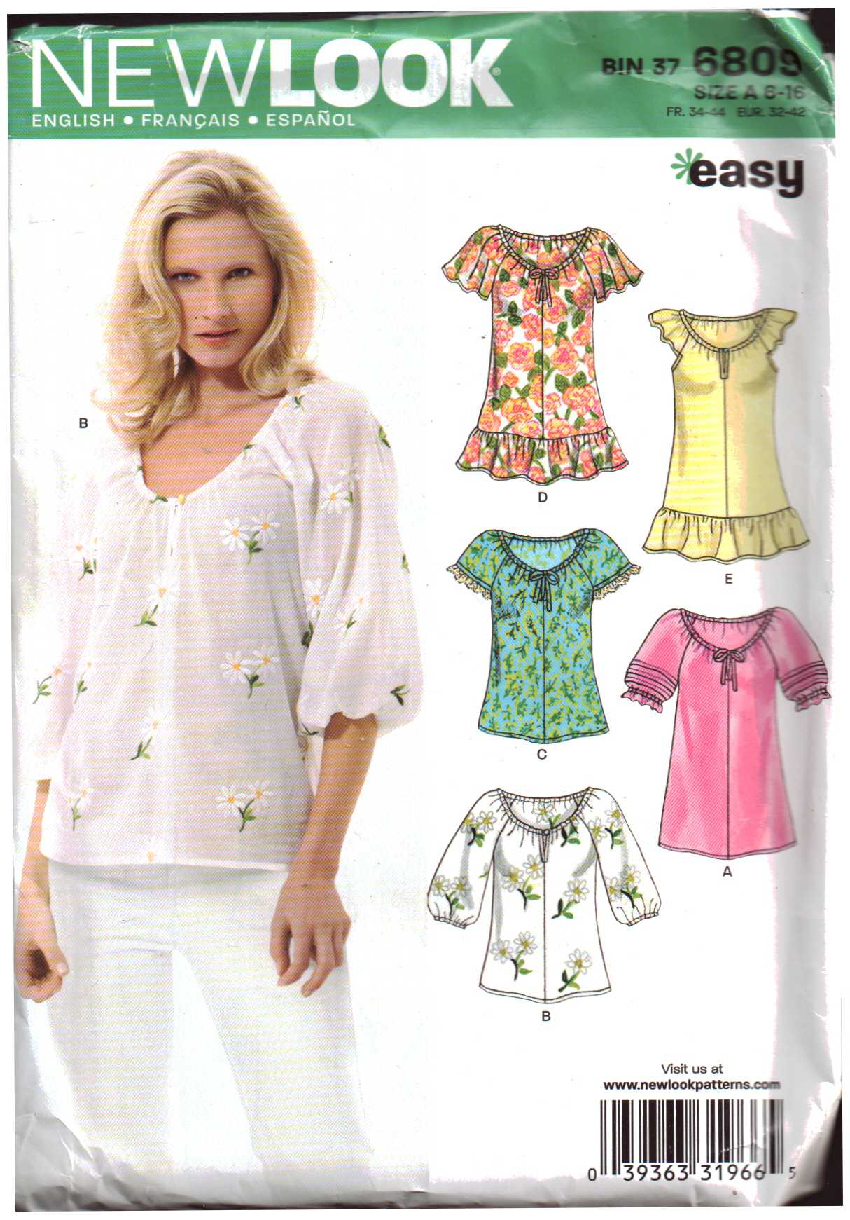 New Look 6809 Blouse Size: A 6-16 Uncut Sewing Pattern