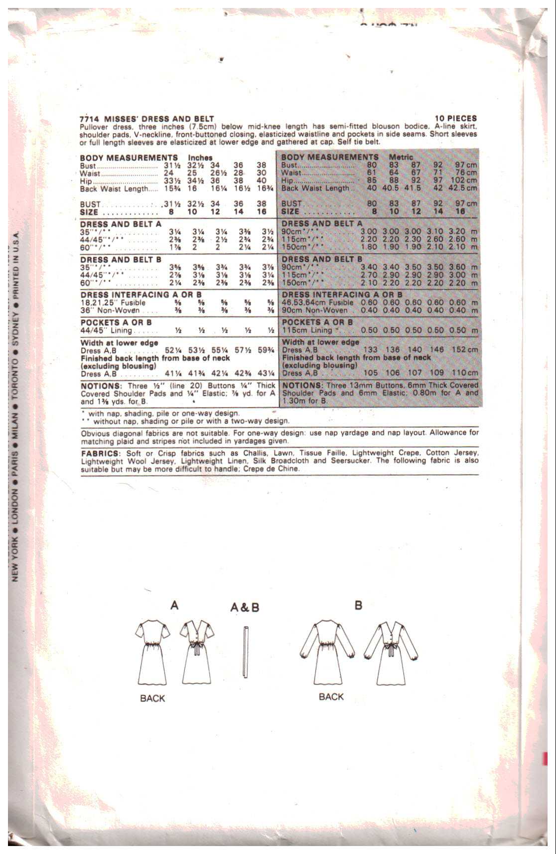 Vogue 7714 Misses' Dress and Belt Size 8 Used Sewing Pattern