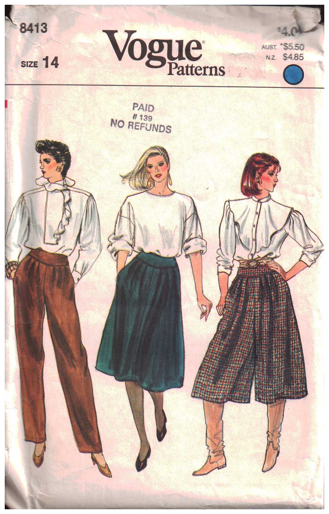 Vogue 8413 Misses' Culottes, Skirt, Pants Size: 14 Uncut Sewing Pattern