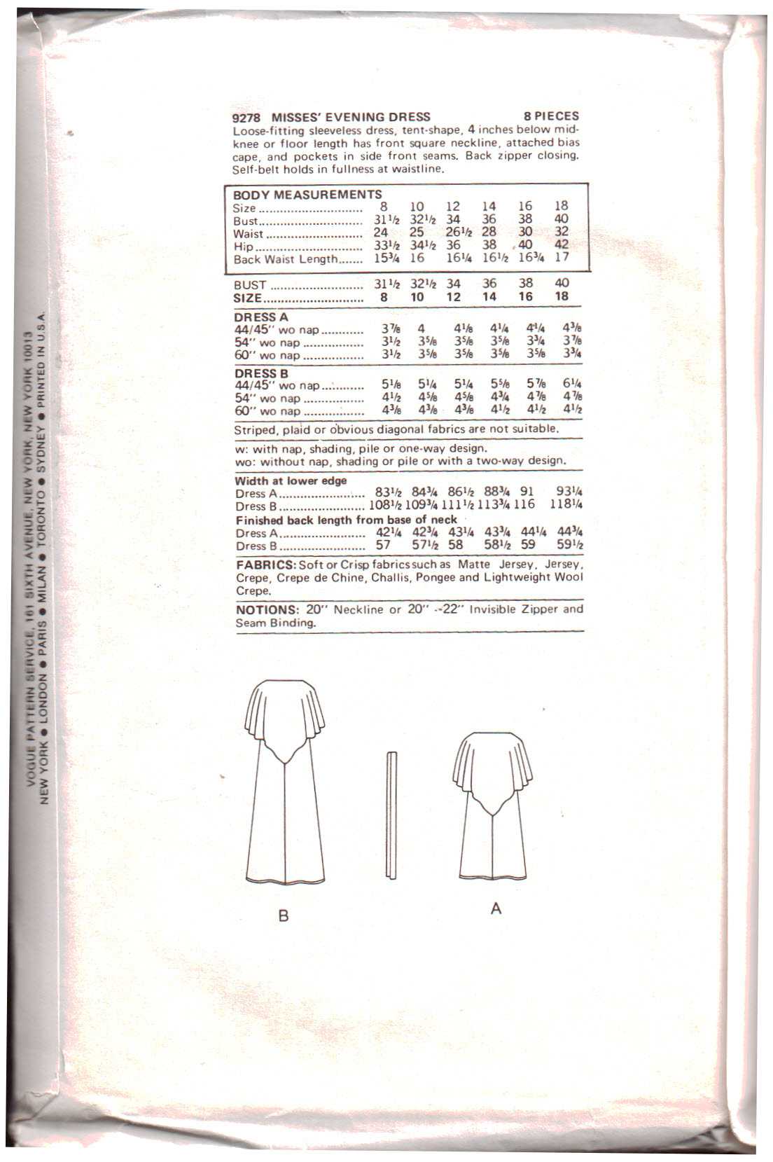 Vogue 9278 Misses' Evening Dress Size: 12 Uncut Sewing Pattern