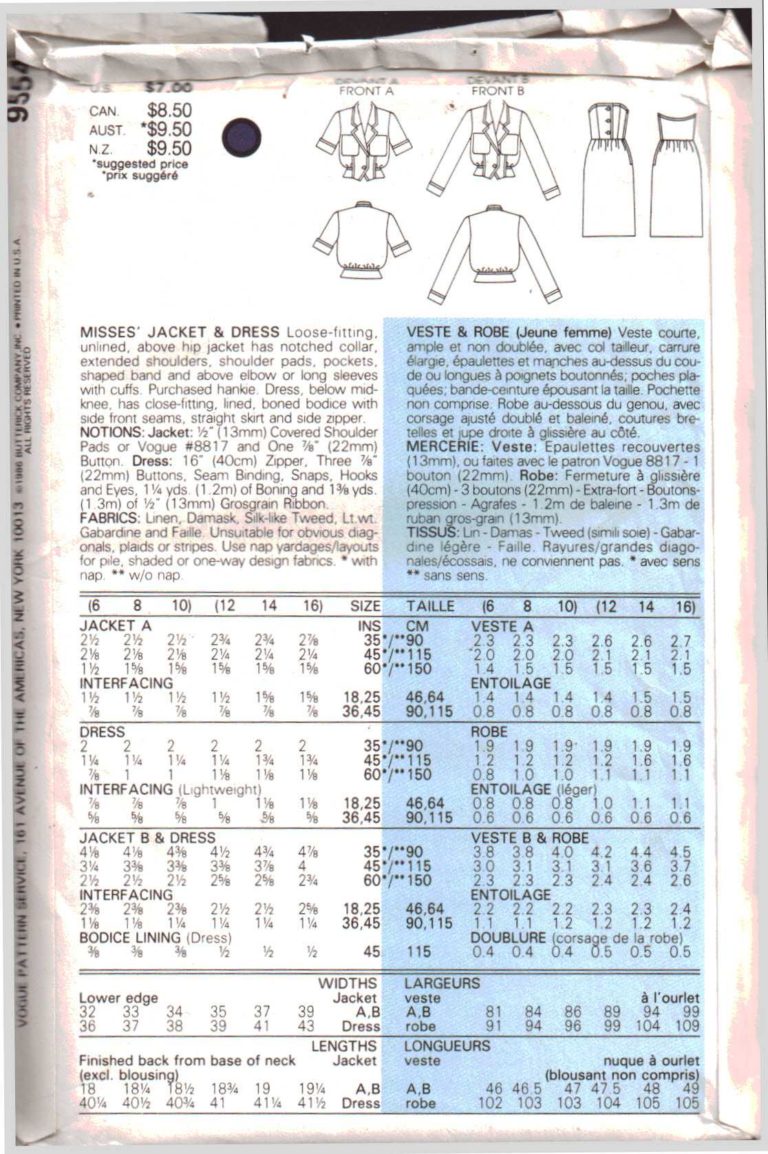 Vogue 9554 Misses' Jacket, Dress Size: 6-8-10 Uncut Sewing Pattern