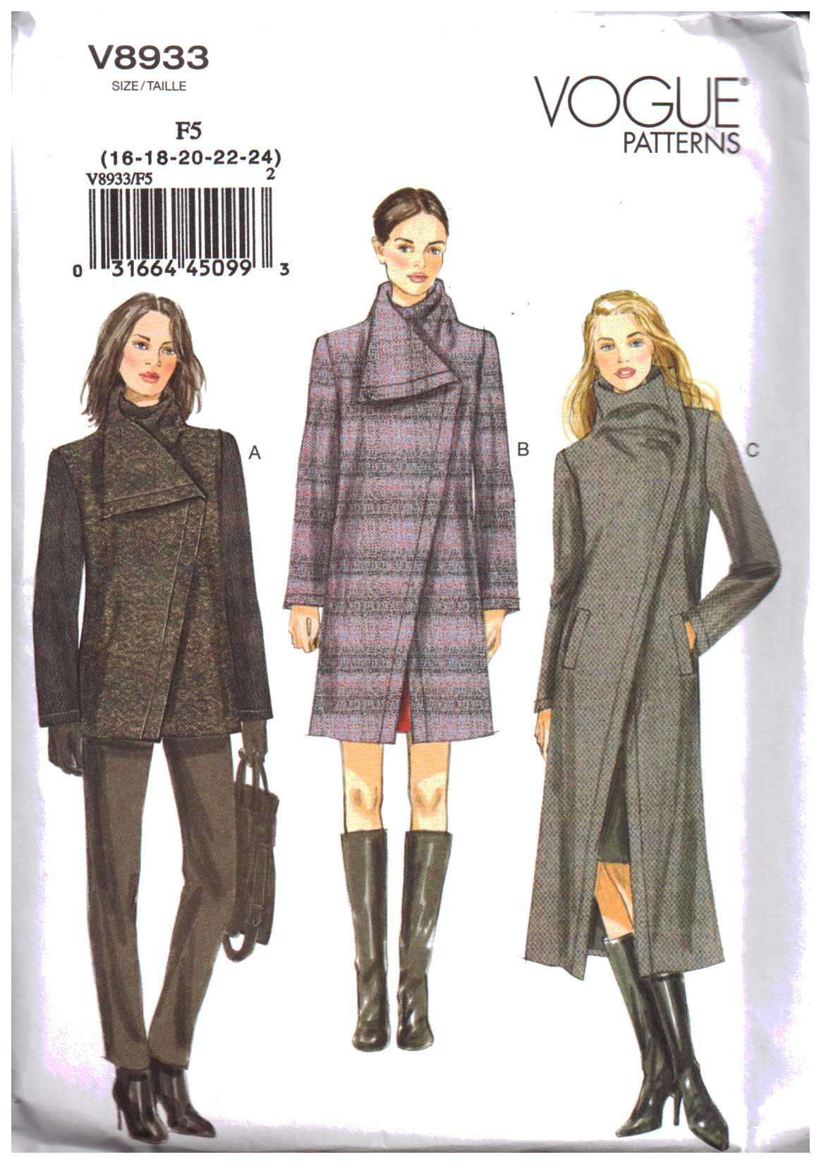 Vogue V8933 Coat Size: F5 16-18-20-22-24 Uncut Sewing Pattern