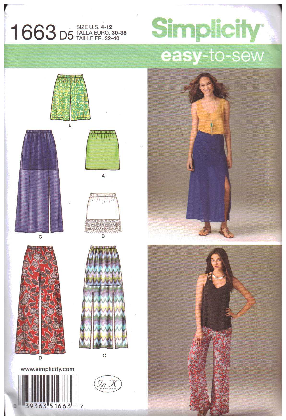 Simplicity 1663 Pull-on Pants, Skirt, Shorts Size: D5 4-12 or P5 12-20 ...