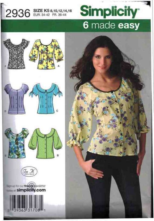 Simplicity 2936 Blouse with sleeve variations Size: H5 6-8-10-12-14 ...