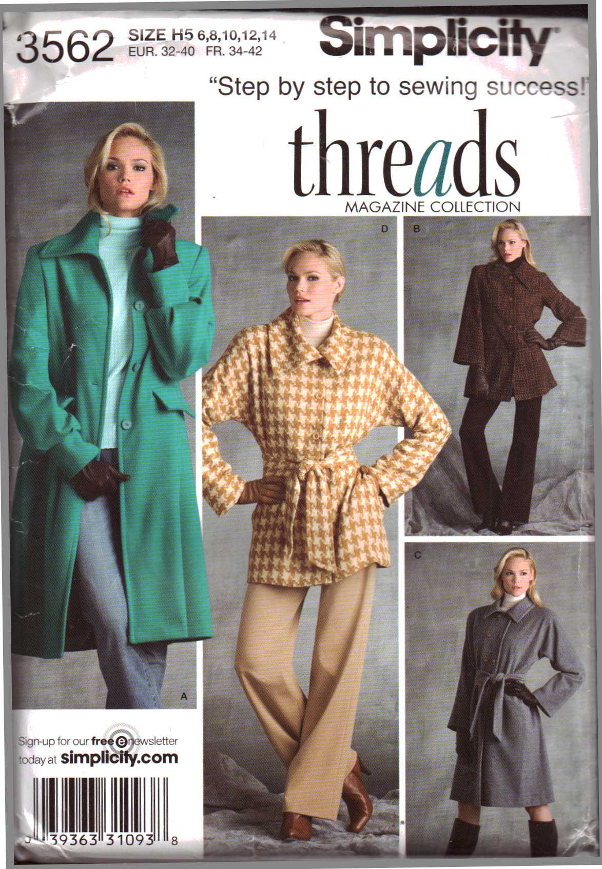 Simplicity 3562 Lined Coat in two lengths Size: H5 6-8-10-12-14 Uncut ...