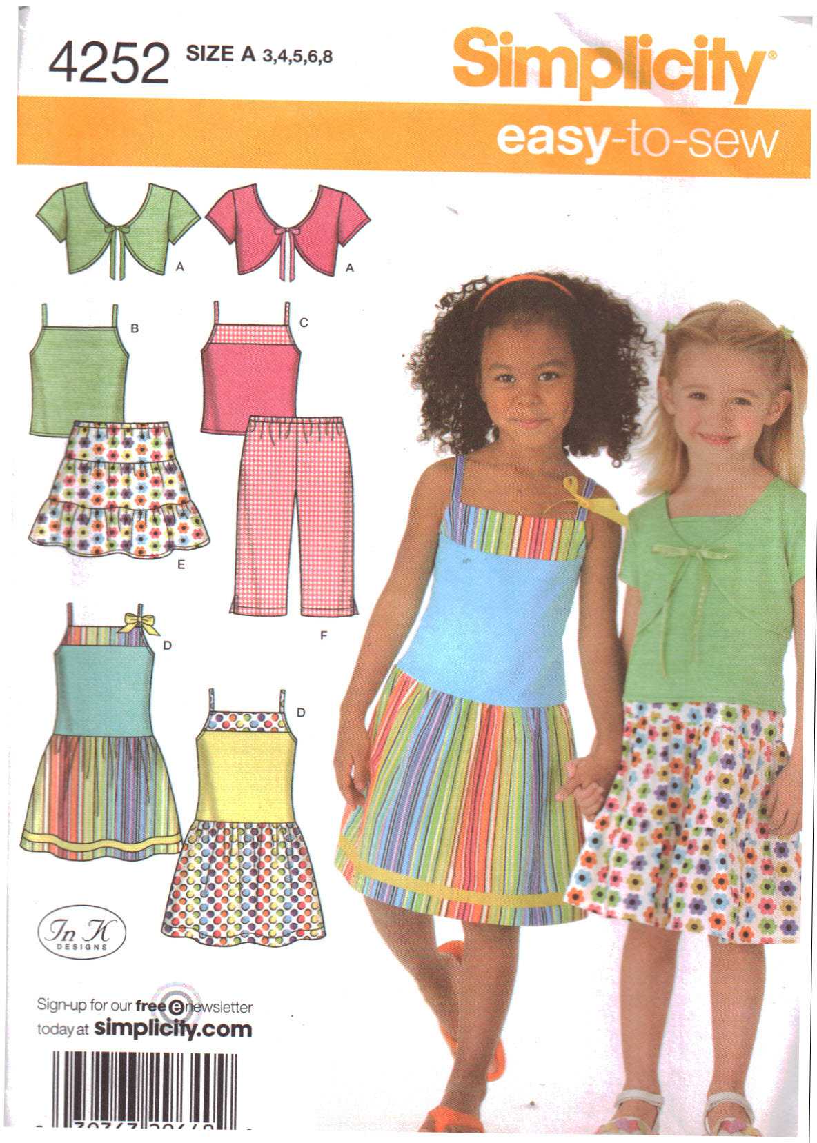 Simplicity 4252 Girls' Capri Pants, Tiered Skirt, Knit Shrug, Top, Dress  Size: A 3-4-5-6-8 Uncut Sewing Pattern