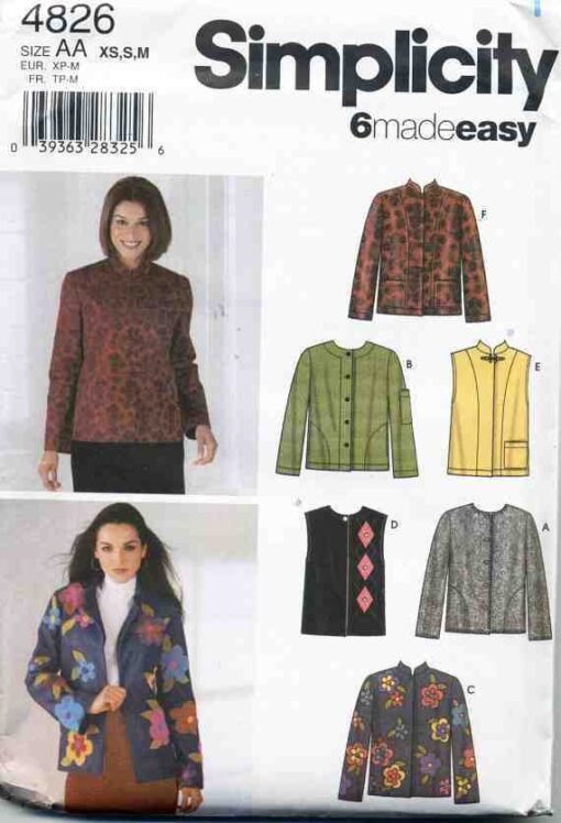 Simplicity 4826 Misses Jacket or Vest Size: AA XS-S-M Used Sewing Pattern