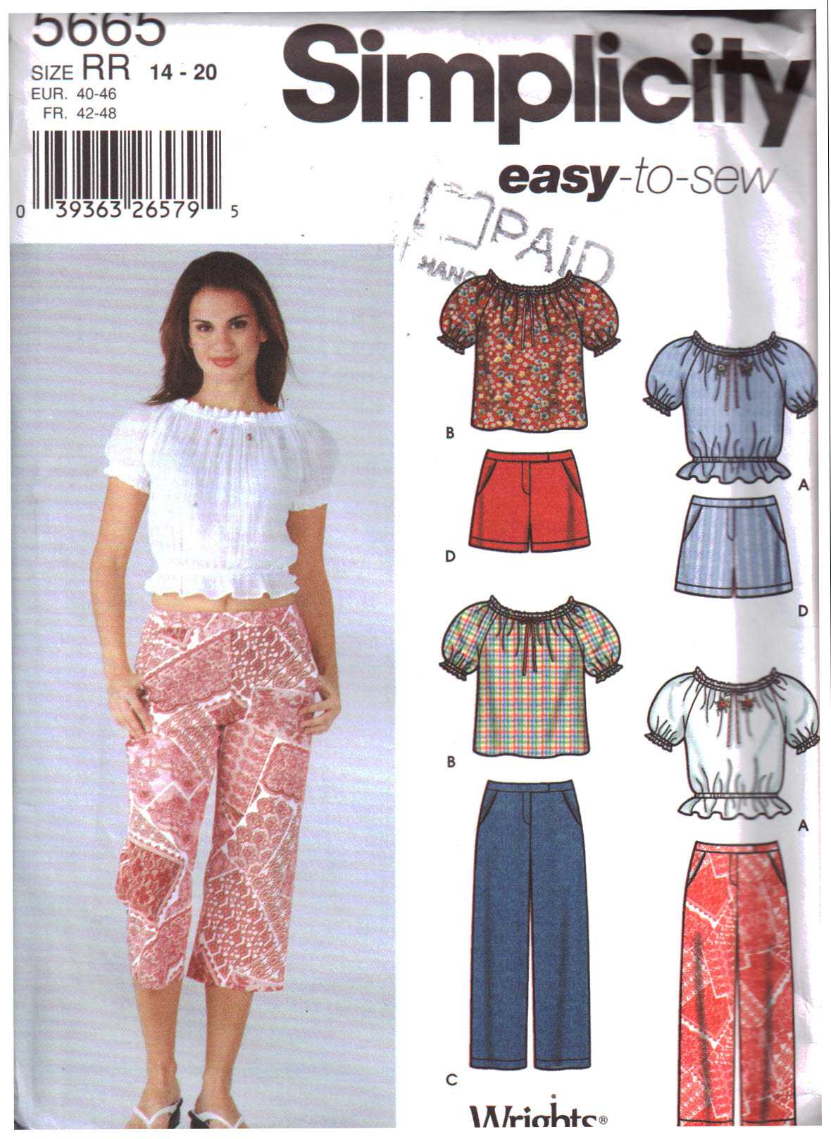 Simplicity 5665 Top, Capri Pants, Shorts Size: RR 14-20 Uncut Sewing Pattern
