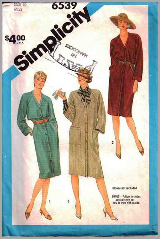 Simplicity 6539 Coat Dress Size: 10 Uncut Sewing Pattern