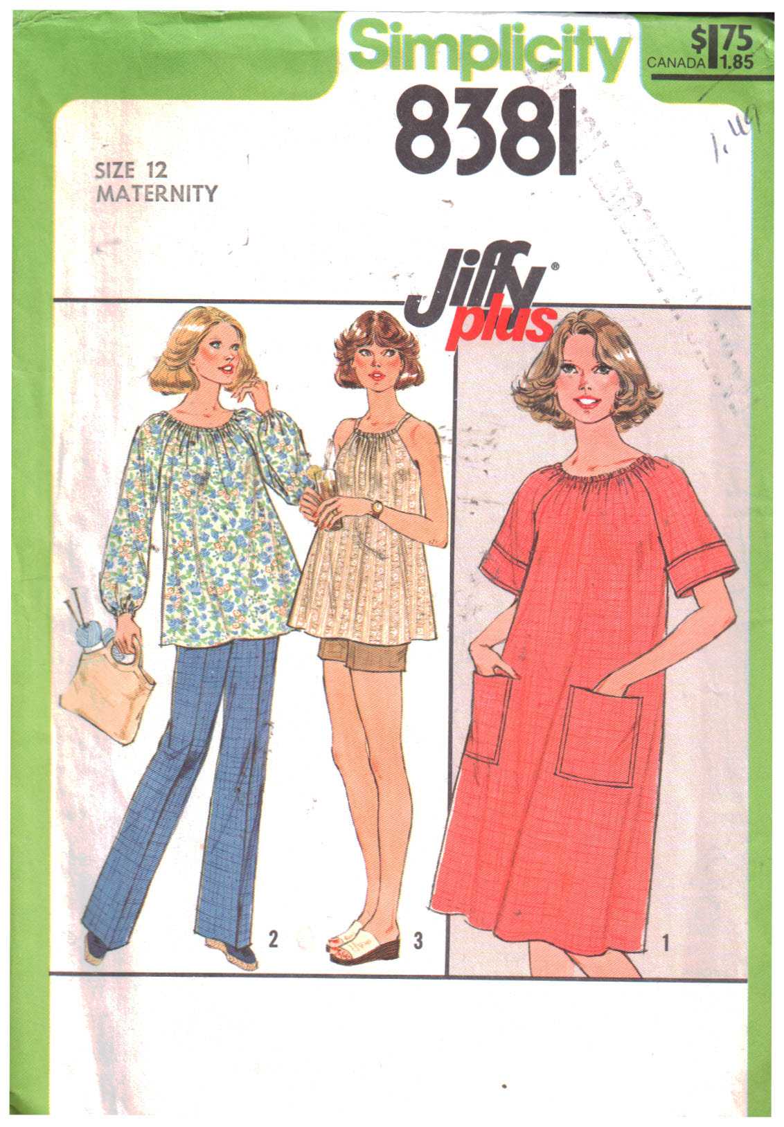 Simplicity 7773 misses maternity long dress or top and pants and babies T-shirt size 16 bust 38 vintage 1970's sewing pattern