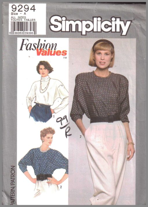 Simplicity 9294 Tops Size: A 6-8/10-12/14-16/18-20/22-24 Uncut Sewing Pattern