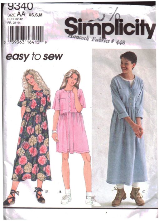 Simplicity 9340 Dress Size: AA XS-S-M Used Sewing Pattern