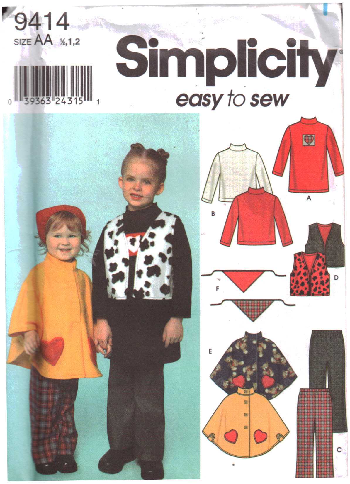 Simplicity 9414 Toddler's Pants, Vest, Poncho, Scarf, Dress, Top Size ...