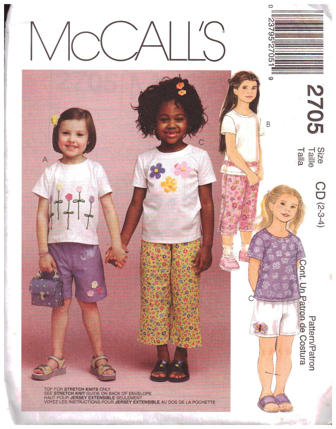 Mccall S 2705 Girls Top Pull On Capri Pants Shorts For Stretch Knits Size Cd 2 3 4 Uncut Sewing Pattern