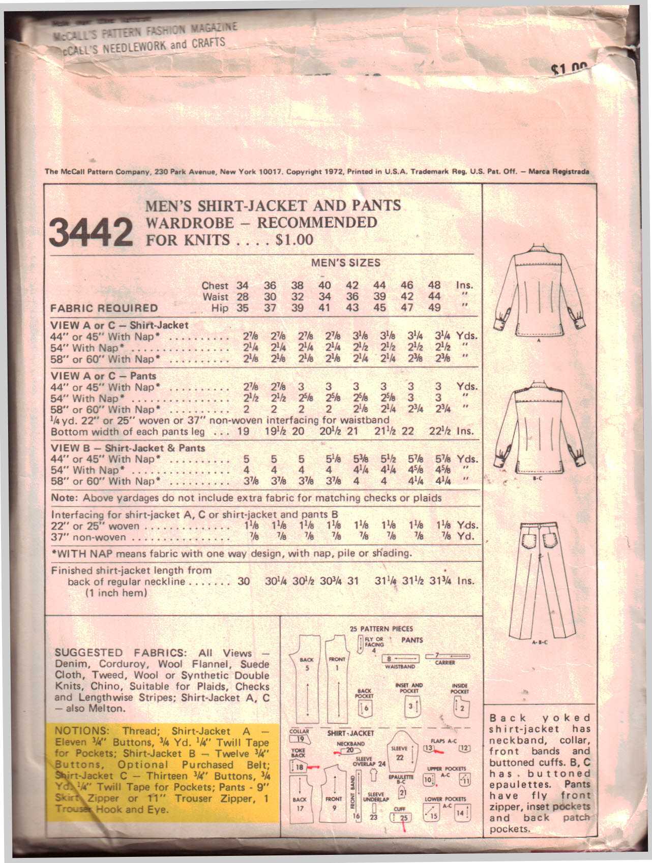 McCall's 3442 Men's Shirt-Jacket and Pants Size: 40 or 42 Used Sewing ...