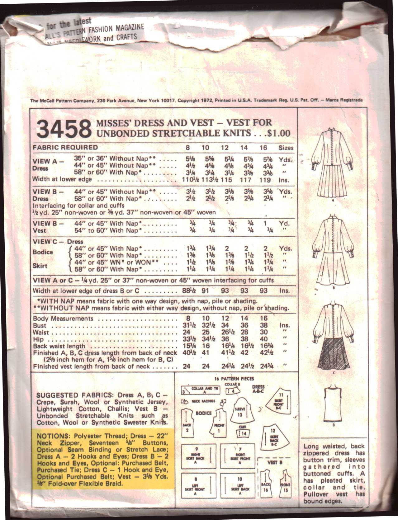 McCall's 3458 Dress, Vest - Vest for Stretch Knit Size: 16 Bust 38 ...