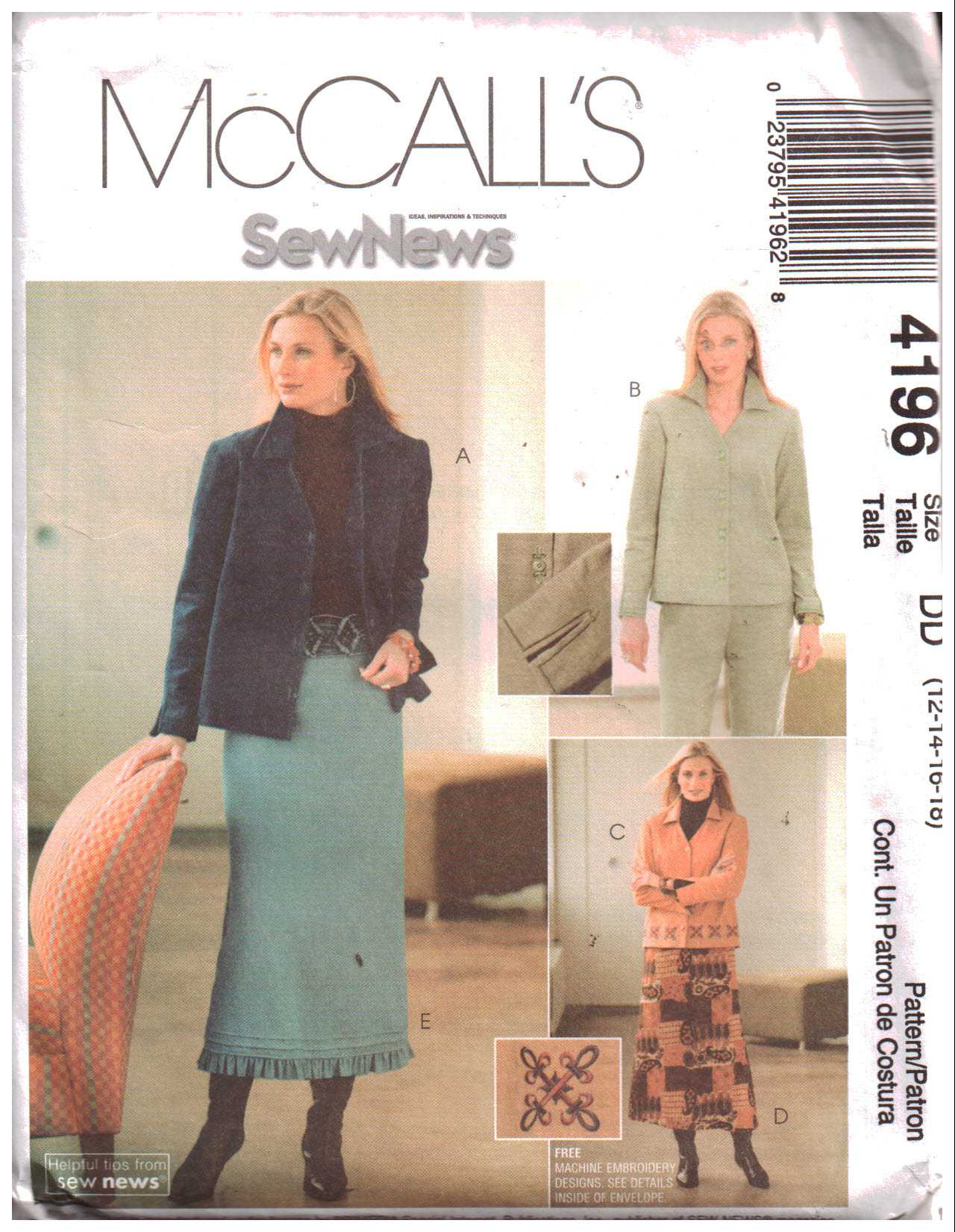 McCall's 4196 Jackets, Pants, Skirts Size: DD 12-14-16-18 Uncut Sewing ...