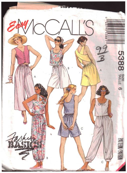 McCall's 5388 Tops and Pants or Shorts Size: 6 Used Sewing Pattern