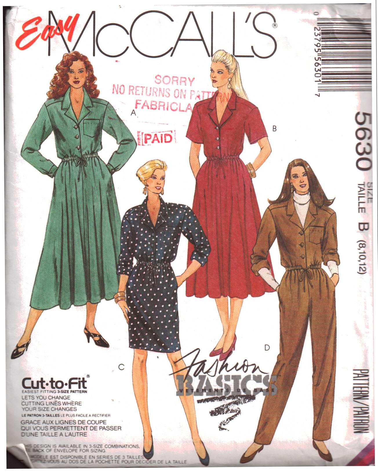 McCall's 5630 Shirt-Waist Dress, Jumpsuit Size: B 8-10-12 Uncut Sewing  Pattern