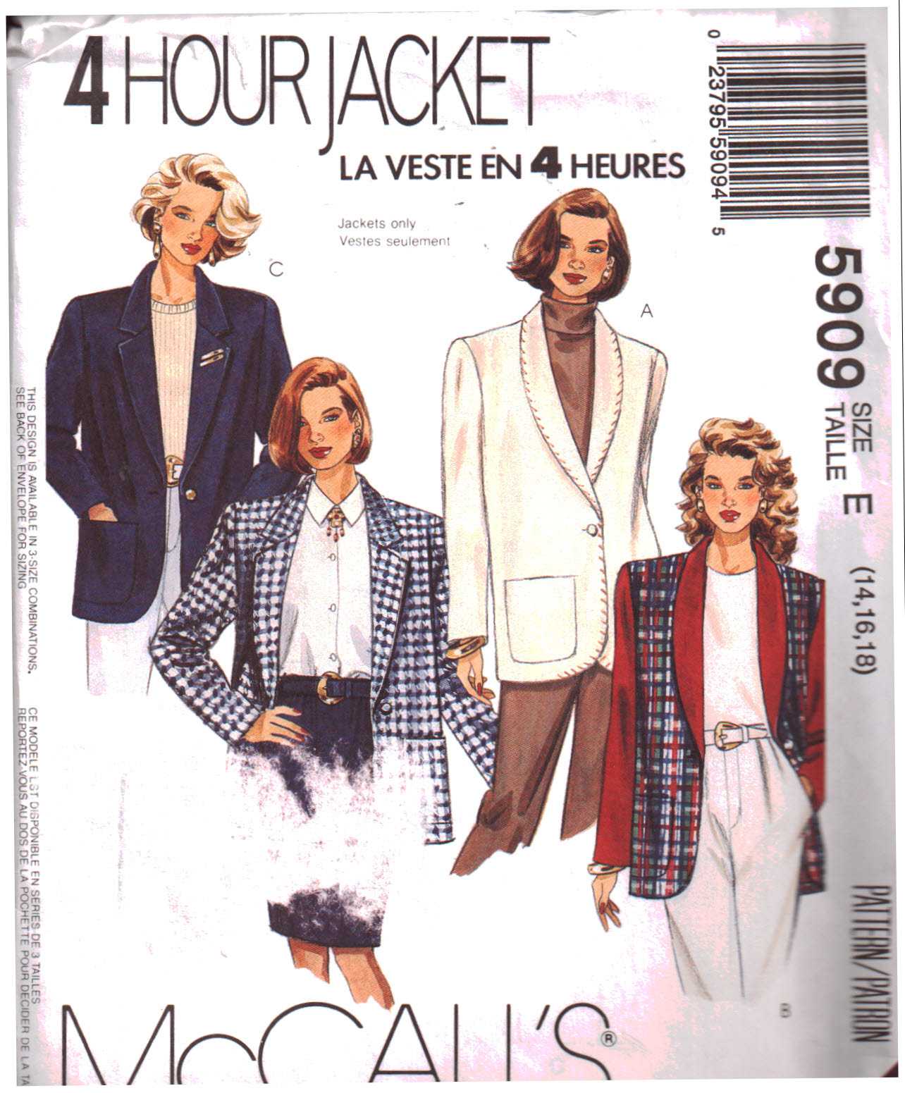 McCall's 5909 Lined or Unlined Jacket Size: E 14-16-18 or G 20-22-24 or ...