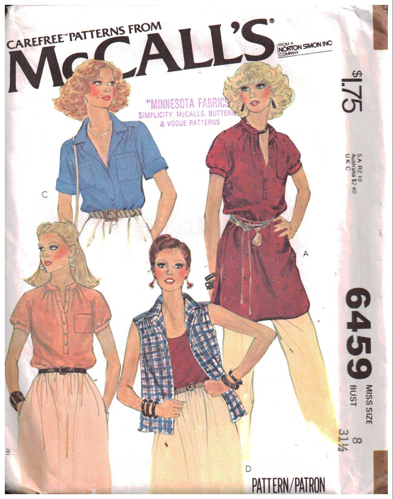 McCall's 6459 Blouses Size: 8 Bust 32.5 Uncut Sewing Pattern