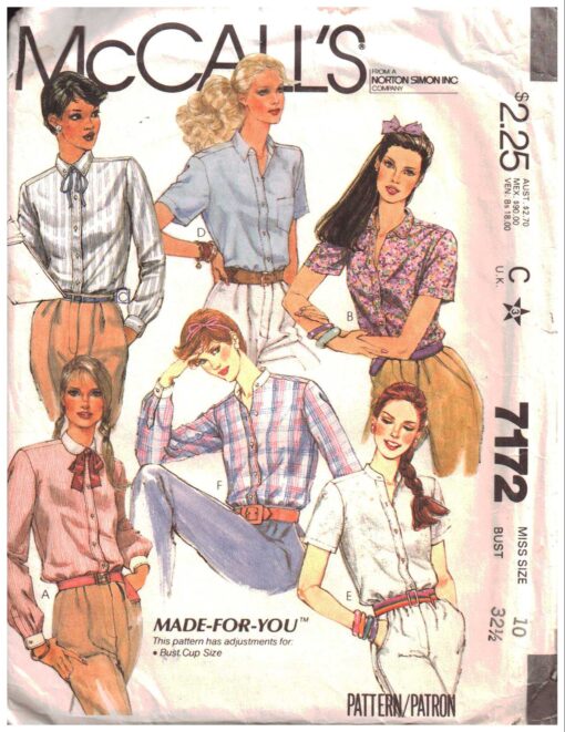 McCall's 7172 Shirt Size: 10 Used Sewing Pattern