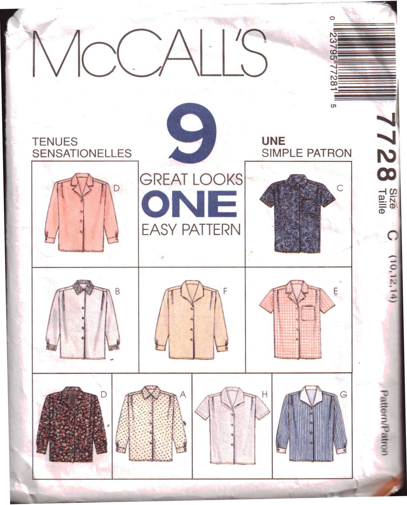 McCall's 7728 Blouses Size: C 10-12-14 Used Sewing Pattern