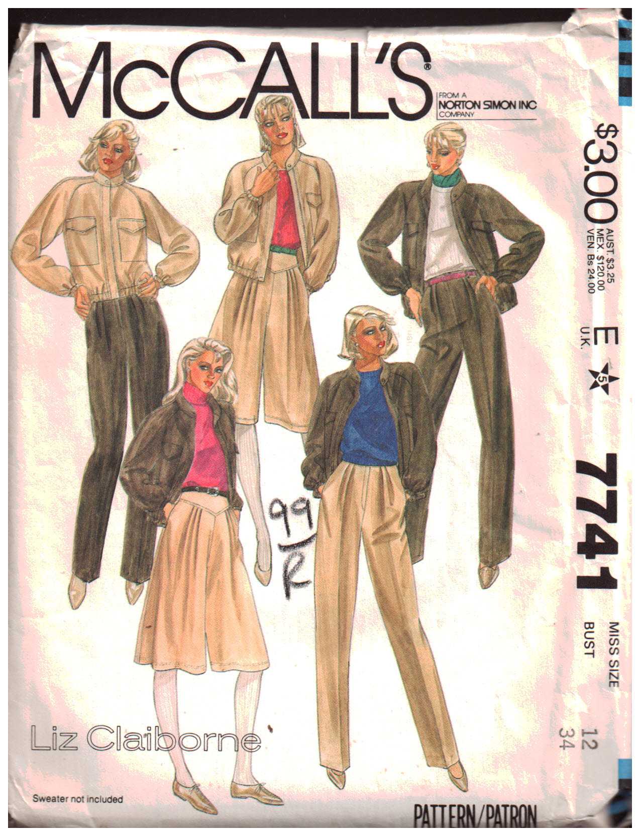 McCall's 7741 Jacket, Culottes, Pants Size: 12 Used Sewing Pattern