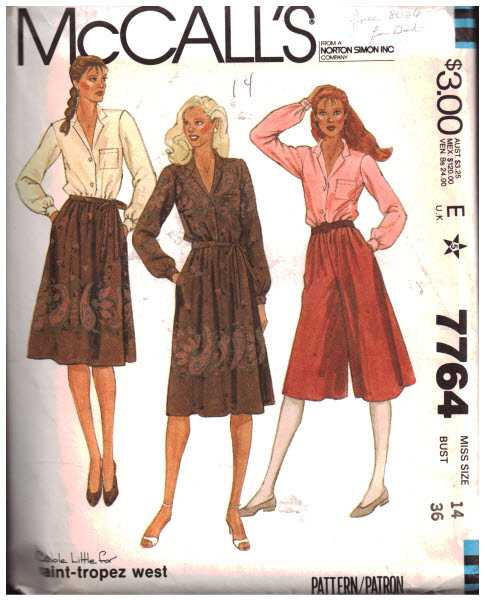 McCall's 7764 Blouse, Culottes, Skirt Size: 14 Bust 36 Uncut Sewing Pattern