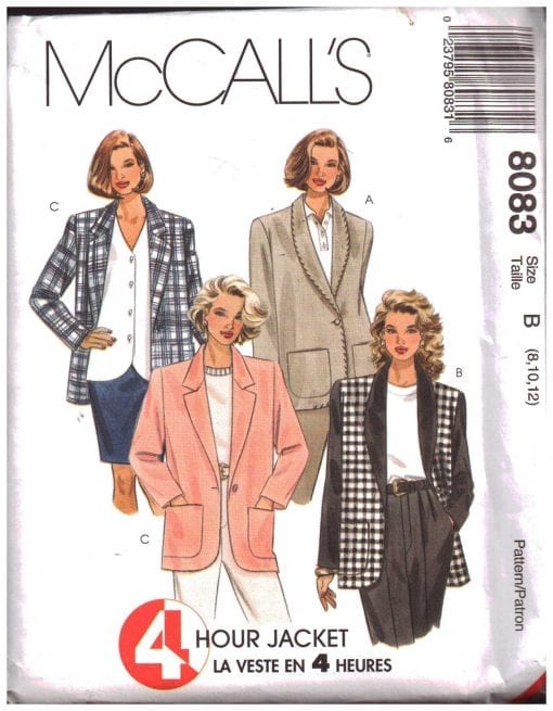 McCall's 8083 Lined or Unlined Jacket Size: B 8-10-12 or C 10-12-14 or ...