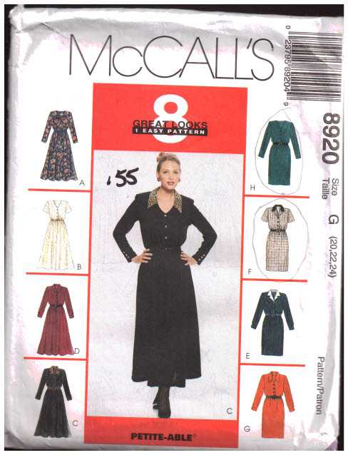 McCall's 8920 Dress in two lengths Size: G 20-22-24 Used Sewing Pattern