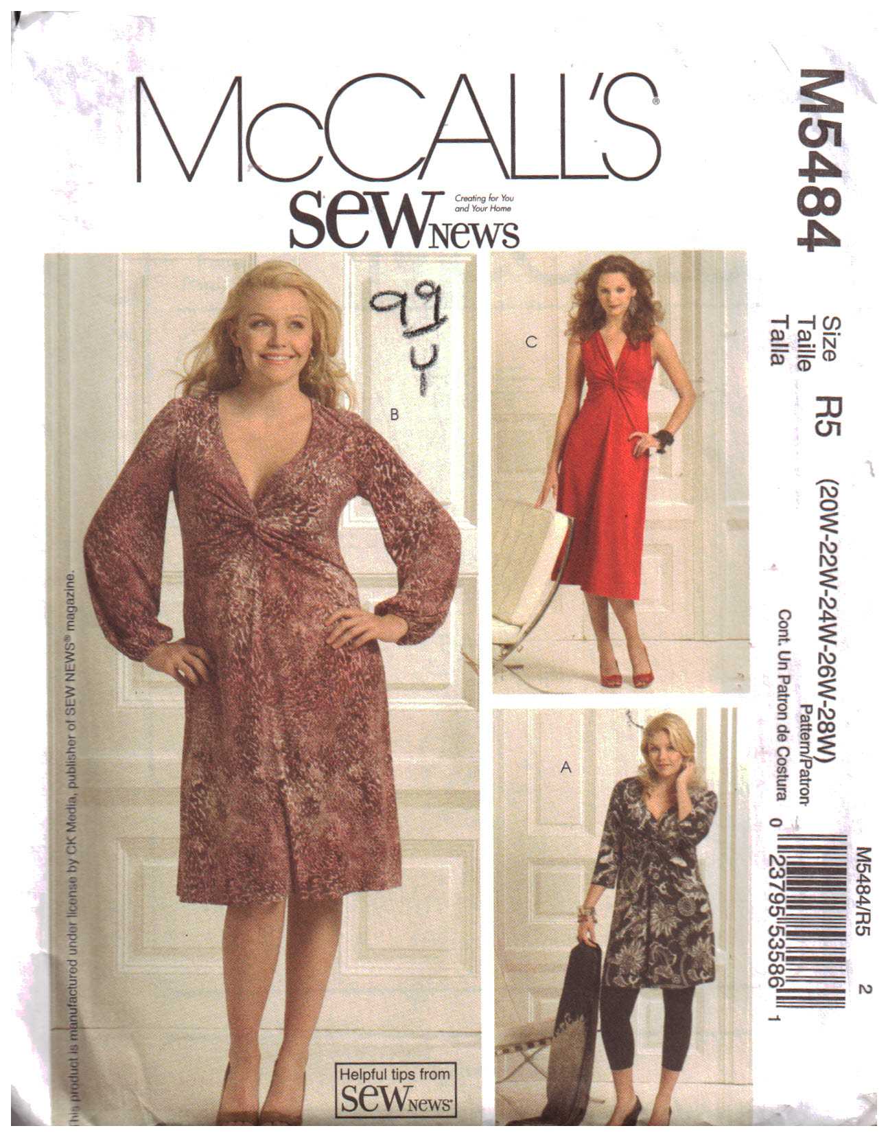 McCall's M5484 Dresses Size: R5 20W-28W Uncut Sewing Pattern