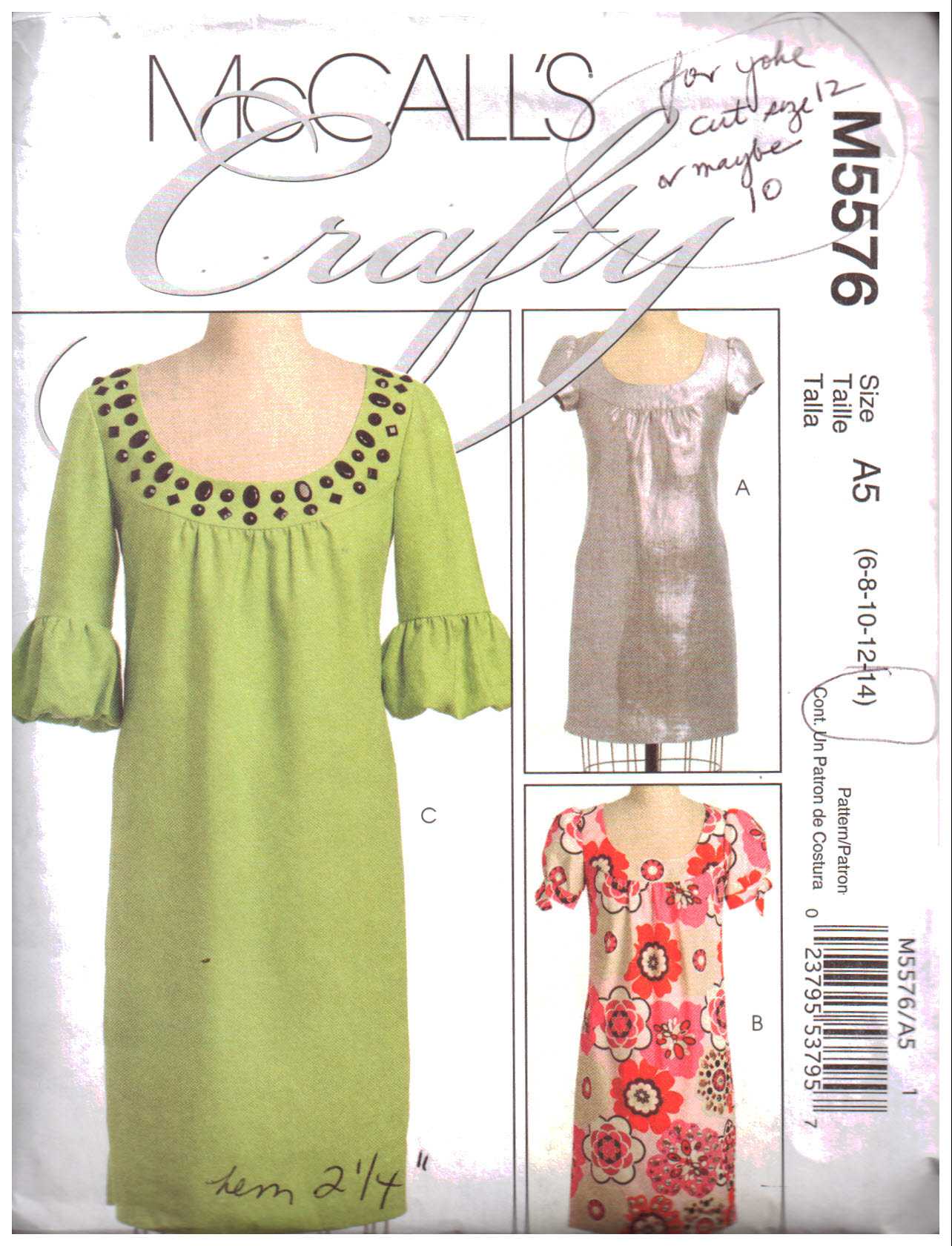 McCall's M5576 Dress Size: A5 6-8-10-12-14 Used Sewing Pattern