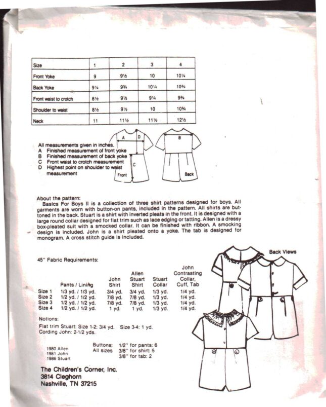 The Children's Corner Patterns 18 Basics for Boys II Size 2 or 4Uncut