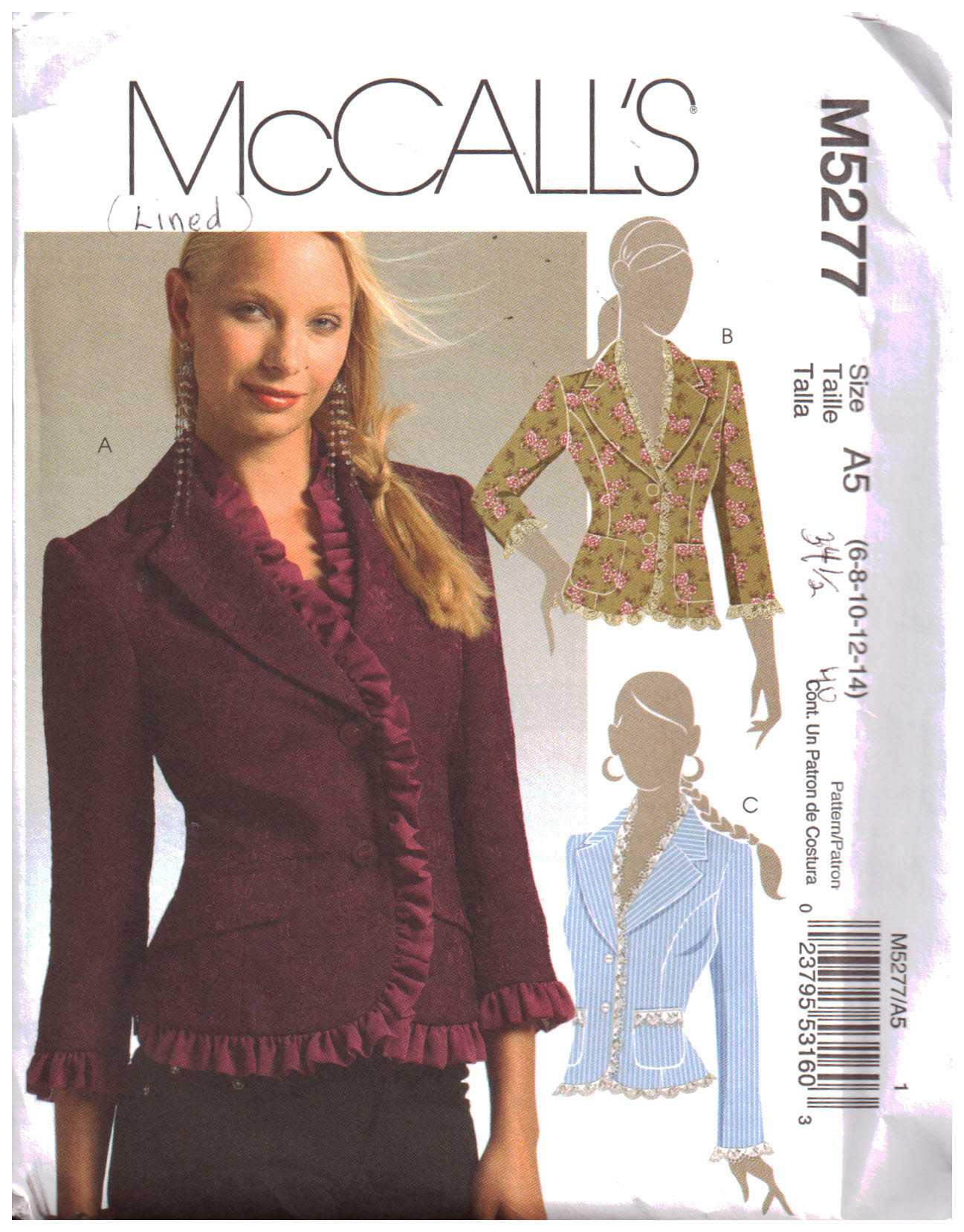 McCall's M5277 Lined Jacket Size: or EE 14-16-18-20 Uncut Sewing Pattern